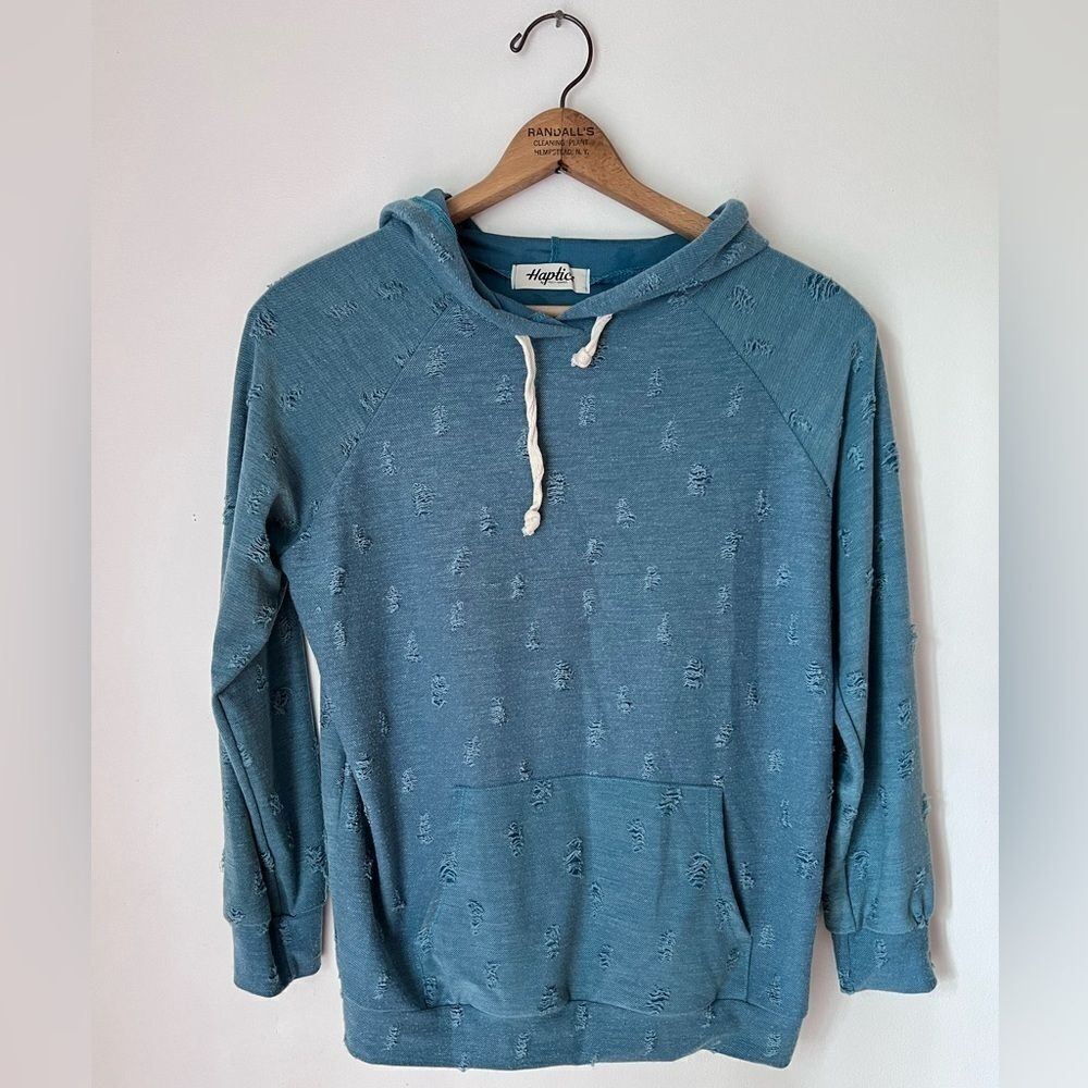 Women’s hapatics distressed teal blue hoodie grunge style size small